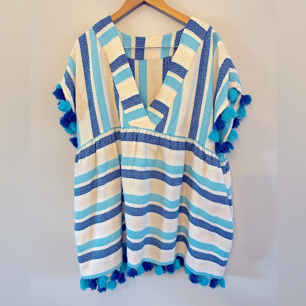TESSORA Luna Tassel Embellished Cover- Striped Blue and White Tunic with Tassels
